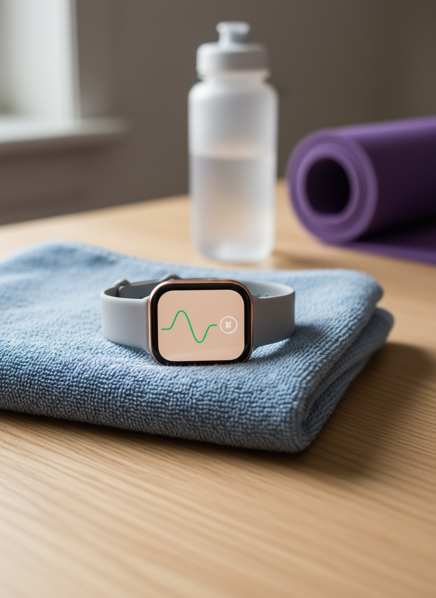 A close-up of a smartwatch with a soft rose-gold bezel and pale gray sports band rests on a folded heathered-blue workout towel atop a light oak table. The watch face glows softly, showing a heart rate graph, step count, and a subtle fitness icon, all slightly out of focus to avoid readable numbers. In the softly blurred background, a water bottle and a corner of a yoga mat hint at an at-home workout space. Natural side lighting from a nearby window creates gentle reflections on the watch face and a soft gradient of shadow across the towel. Photographic realism with a clean, professional tone, shot with a shallow depth of field, symbolizes organized, data-driven progress for moms tracking their health journey.