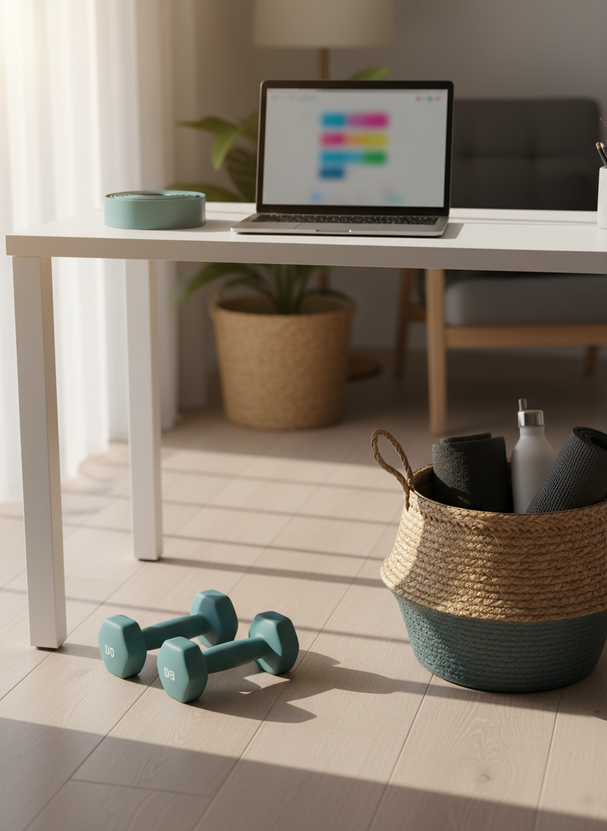 A neatly organized home workout corner features a pair of matte teal dumbbells, a resistance band, and a closed laptop displaying a blurred fitness dashboard on a simple white desk. A rolled, slate-gray yoga mat rests beside a woven storage basket filled with tidy workout accessories. Soft morning sunlight filters through a nearby window, creating gentle highlights on the equipment and casting calm, elongated shadows across a light wood floor. Photographic realism with a clean, modern aesthetic, shot at eye level with a shallow depth of field, keeping the equipment in crisp focus while the background softly fades, evoking a professional yet approachable, empowering atmosphere for moms focusing on at-home fitness and wellness.