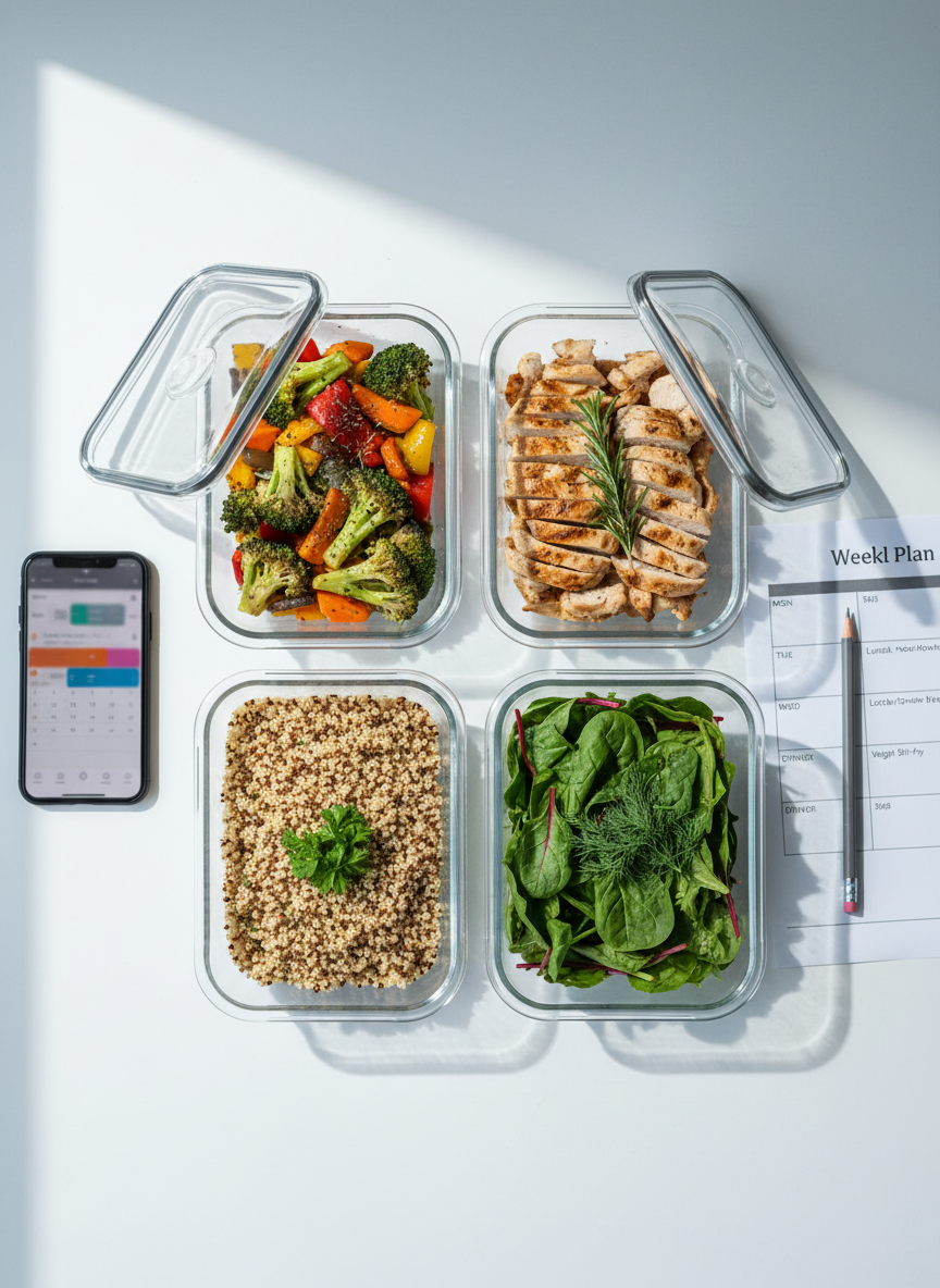 On a clean white countertop, a weekly meal prep layout displays four transparent glass containers neatly filled with colorful portions: roasted vegetables, grilled chicken strips, quinoa, and fresh greens, each sprinkled with herbs. A printed, partially visible meal plan with tidy typography sits beside a sharpened pencil and a smartphone showing a blurred calendar. Cool, even daylight from an overhead source and nearby window creates crisp, natural shadows and clear reflections on the glass lids. Captured in photographic realism from a top-down, bird’s-eye perspective, the composition is symmetrical and orderly, conveying a sense of control, simplicity, and sustainable weight-loss planning for health-conscious moms managing busy schedules.