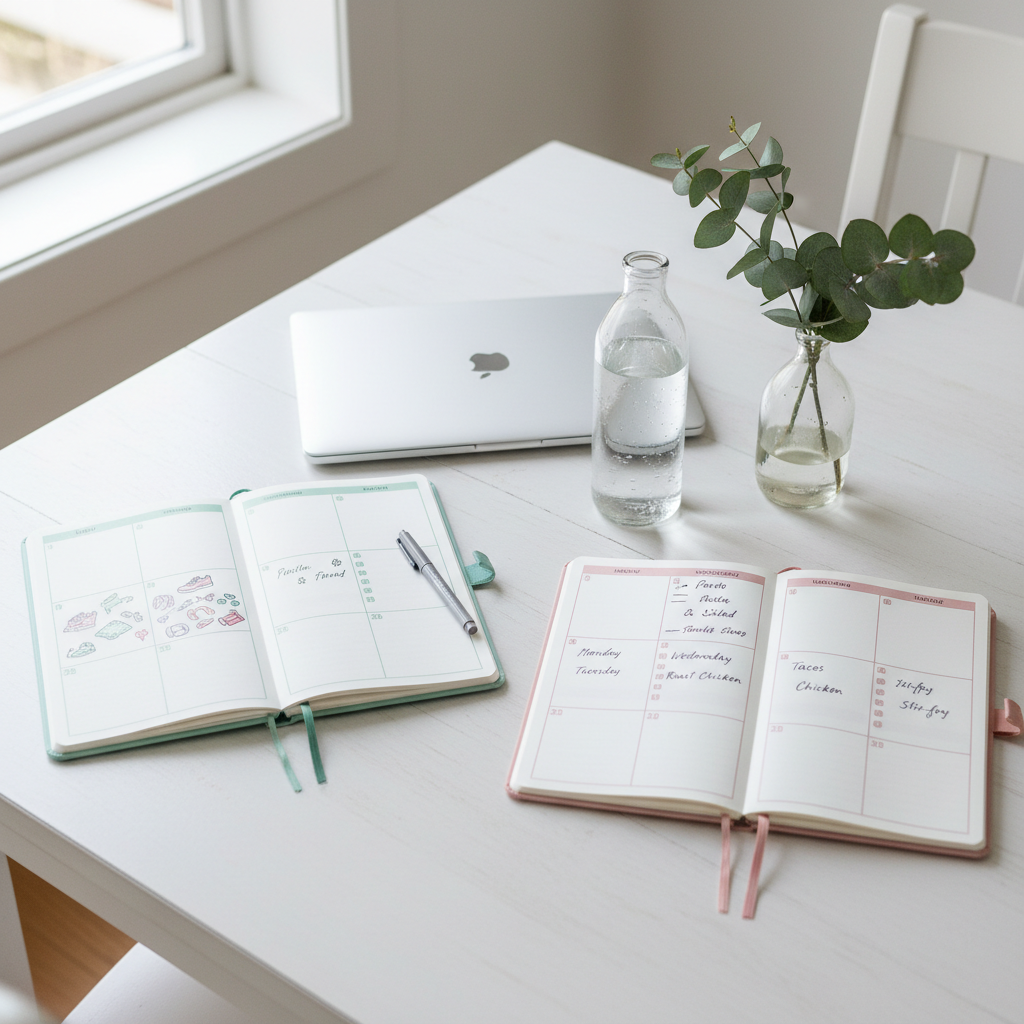 A pair of neatly arranged weekly planners with pastel covers lies open on a white dining table, one showing an undated weekly spread with handwritten workout icons and the other displaying simple meal ideas written in neat, generic script. Beside them, a closed laptop, a glass water bottle with subtle condensation, and a small vase with eucalyptus stems create a calm, organized environment. Soft, overcast daylight from a nearby window provides even, diffused lighting with minimal shadows. Shot from a slightly elevated angle in photographic realism, the composition uses negative space to highlight the planners, evoking a professional yet nurturing atmosphere that supports moms in integrating fitness and nutrition routines into everyday family life.