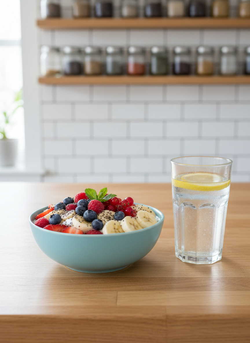 A smooth, pastel-blue ceramic bowl sits centered on a natural wood kitchen island, filled with vibrant mixed berries, sliced banana, and a sprinkling of chia seeds over creamy yogurt. Beside it, a tall clear glass of water with lemon slices shows tiny condensation droplets catching the light. In the background, a blurred white-tile backsplash and neatly arranged spices suggest an organized, health-focused kitchen. Soft diffused daylight from an unseen window illuminates the scene, creating natural highlights on the fruit and gentle reflections on the glass. Captured from a slightly elevated angle in photographic realism, the composition follows the rule of thirds, conveying a fresh, simple, and sustainable approach to nutrition for busy moms.