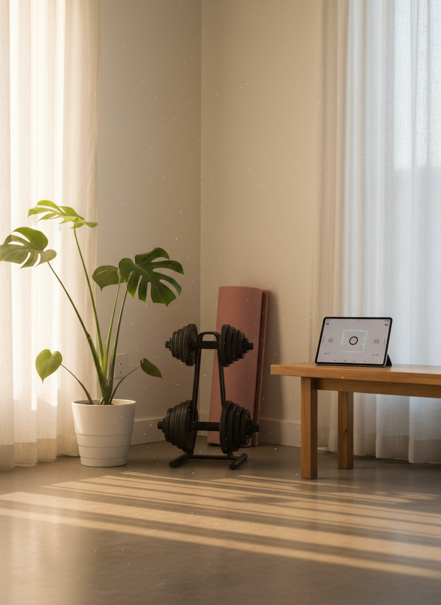 A minimalist living room corner showcases a neatly stacked set of adjustable dumbbells on a sleek black stand beside a folded, blush-pink exercise mat. A digital tablet rests on a low, light-wood bench, its screen faintly glowing with an indistinct workout interface. A large, leafy indoor plant in a simple white pot softens the scene. Warm late-afternoon sunlight streams through sheer curtains, creating soft, diagonal beams and subtle dust motes in the air. Photographic realism with a calm, aspirational mood, shot from a slightly low angle to emphasize the equipment’s presence while keeping the space uncluttered. The image feels inviting and achievable, representing a professional, home-based fitness setup tailored for moms.